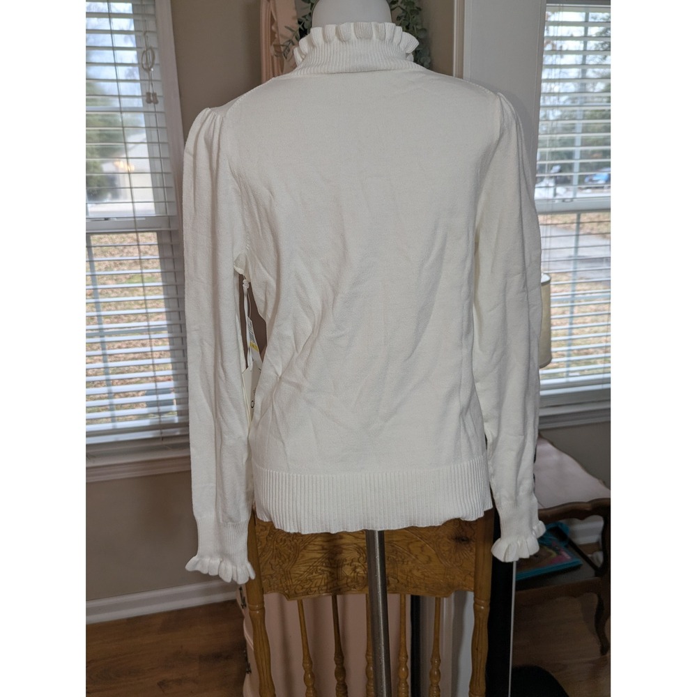 Cece Ruffle Trim Mock Neck‎ Sweater Womens Medium Antique White NWT 7062204